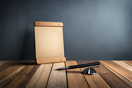 Blank menu board with pen on wooden table and gray wall backgroundの素材