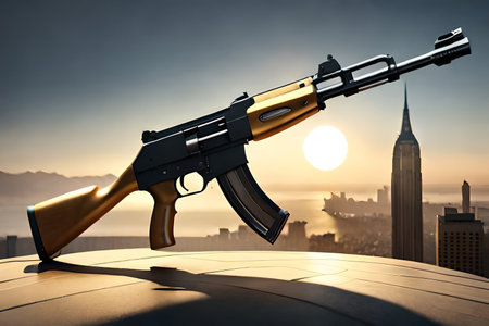 Submachine gun on the top of the building. 3d render.golden custom ak47 kalashnikov riffle conceptの素材