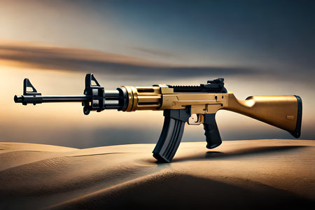 Submachine gun in the desert. 3d illustration. Selective focus.golden custom ak47 kalashnikov riffle conceptの素材