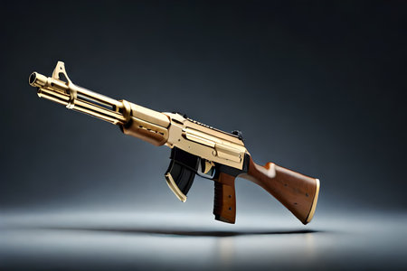 Automatic assault rifle on a dark background. 3d rendering.golden custom ak47 kalashnikov riffle conceptの素材