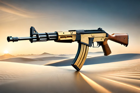 Submachine gun in the desert at sunset. 3D illustration.golden custom ak47 kalashnikov riffle conceptの素材
