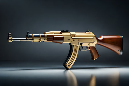 Submachine gun on a dark background. 3d illustration. Selective focus.golden custom ak47 kalashnikov riffle conceptの素材