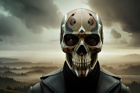 Cyborg skull with helmet and leather jacket against misty landscape 3dの素材