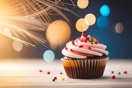 Birthday cupcake on wooden table with bokeh lights backgroundの素材