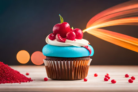 Cupcake with cherry on top and colorful bokeh backgroundの素材