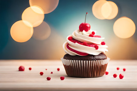 Cupcake with cherry on top on wooden table and bokeh backgroundの素材