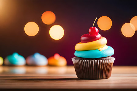 Colorful cupcake on the wooden table with bokeh backgroundの素材