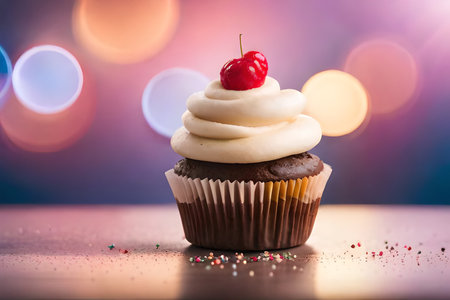Cupcake with cherry on top on colorful bokeh backgroundの素材