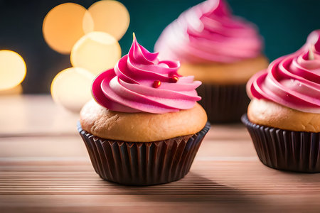cupcakes with pink cream on a wooden table, close-upの素材