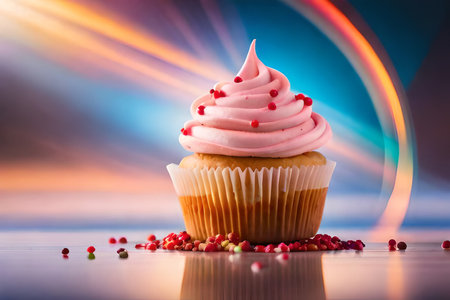 Cupcake with pink buttercream frosting and red berries on colorful backgroundの素材