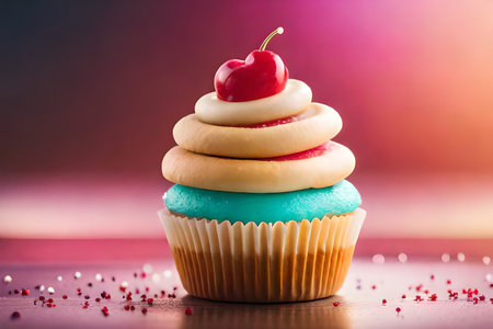 Cupcake with cherry on top on colorful background, close upの素材