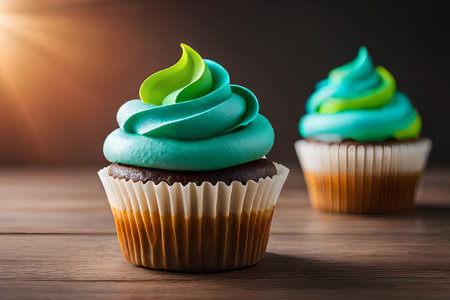 Cupcakes on a wooden background. Cupcake with green cream.の素材