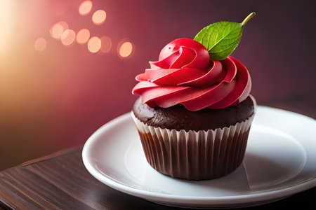 Delicious cupcake with red rose on white plate and bokeh backgroundの素材