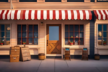 3d illustration of a small shop with awning and wooden facade.western general store animation background , environment designの素材