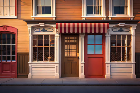 Wooden houses with red and white facades on the street, animation cartoon environment design background ,wooden western general store facadeの素材