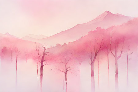 Trees in the mist with mountains in the background. Digital painting.の素材