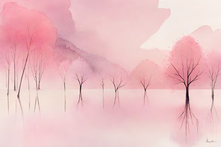 Watercolor painting of trees in a lake. Digital art painting.の素材