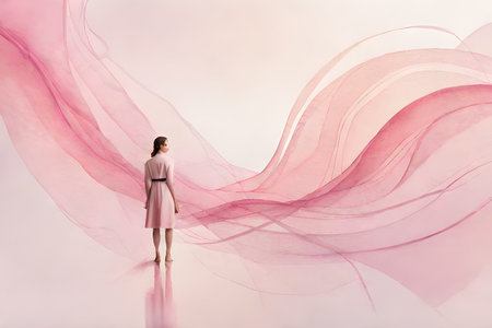 Young woman in pink dress ,watercolor painting. abstract backgroundの素材