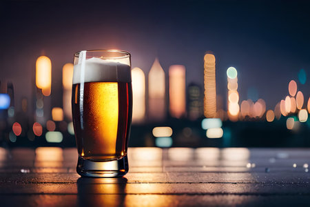 Glass of beer on the table with cityscape background at night.の素材