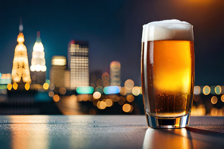 Glass of beer on the table with the night view of the cityの素材
