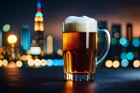 Glass of beer on table with cityscape at night, closeupの素材