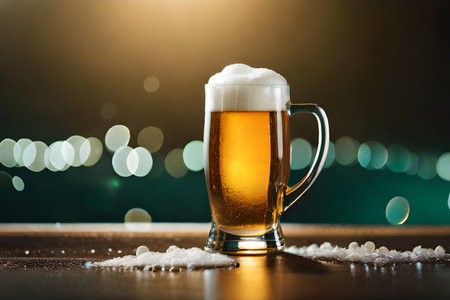 Mug of beer with foam on the wooden table, bokeh backgroundの素材