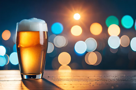 Beer glass on wooden table with colorful bokeh lights background.の素材