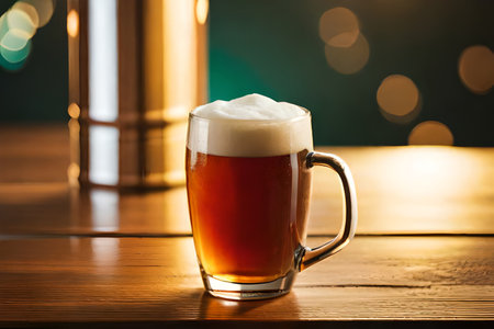 Glass of beer on wooden table in pub with bokeh backgroundの素材