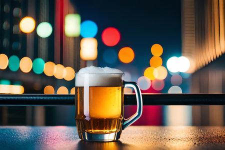 Glass of beer with bokeh lights in the night city.の素材