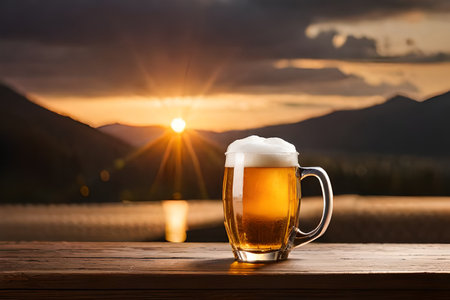 Mug of beer on wooden table in front of sunset and mountainsの素材