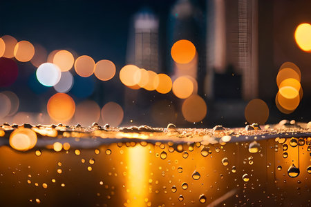 Water drops on the glass with blurred city lights in the background.の素材
