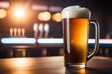 Mug of beer on the table in pub with bokeh backgroundの素材
