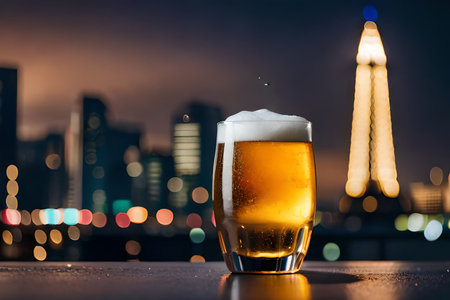 Glass of beer on the table with night view of the city.の素材