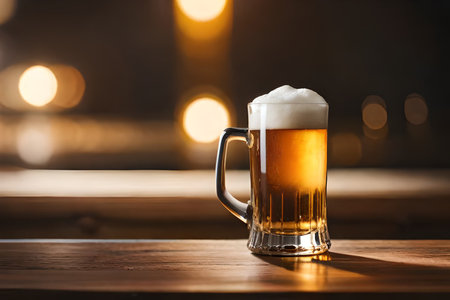 Glass of beer on a wooden table in a pub with bokeh backgroundの素材