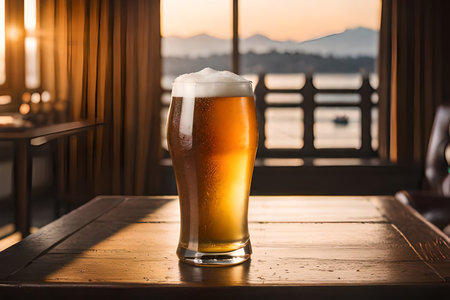 Glass of beer on wooden table in pub with view on mountains.の素材