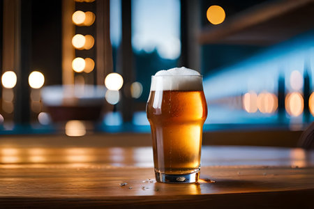 Glass of beer on wooden table in pub with lights on background.の素材