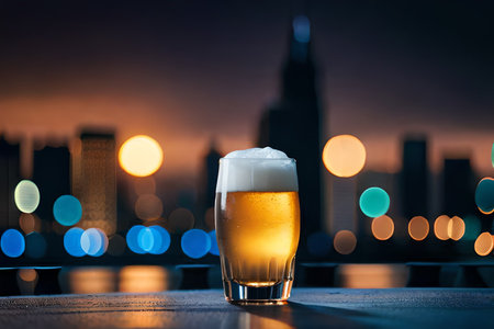 Glass of beer on the table with cityscape and bokehの素材