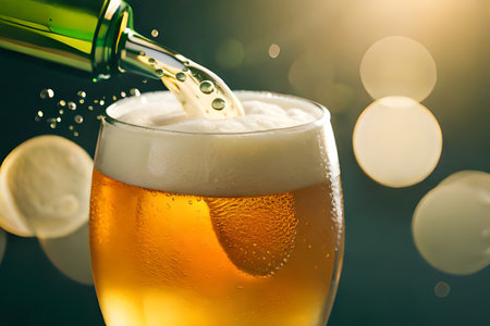 Pouring beer into glass on dark background with bokeh effectの素材