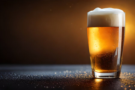 Glass of beer with foam on a dark background with bokehの素材
