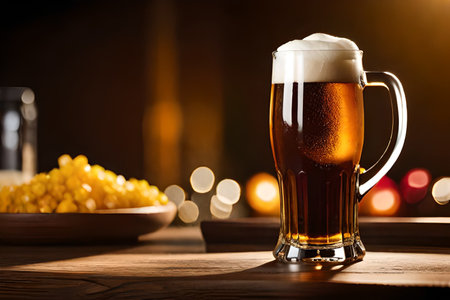 Glass of beer with corn on wooden table and blurred lights on backgroundの素材