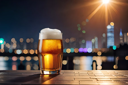 Glass of beer on the table in a pub with cityscape backgroundの素材