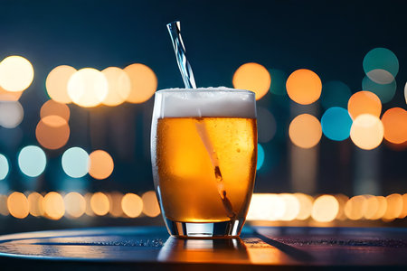 Glass of beer with ice cubes and straw on blurred night city backgroundの素材