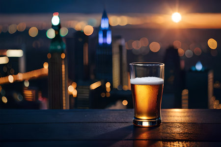Glass of beer on a wooden table in front of a cityscapeの素材