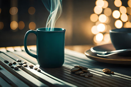 Coffee cup and coffee beans on wooden table in cafe with bokeh backgroundの素材