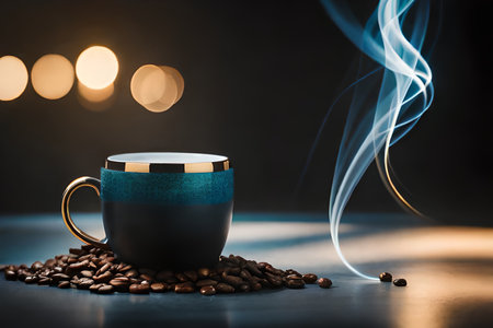 Coffee cup and coffee beans on dark background with bokehの素材