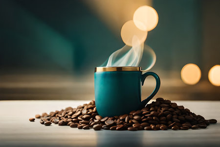 Coffee cup and coffee beans on a wooden table with bokeh backgroundの素材