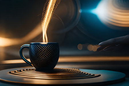 Cup of coffee on the table in the dark with bokeh backgroundの素材