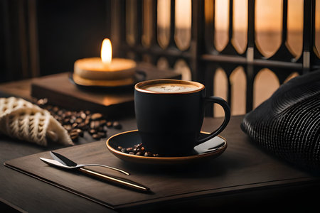 Cup of coffee on a wooden table with coffee beans and candleの素材