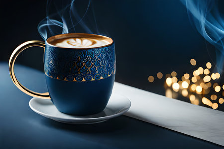 Cup of coffee on a black background with bokeh lightsの素材
