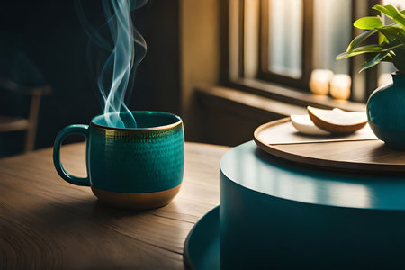 A cup of hot coffee on a wooden table in the morning.の素材
